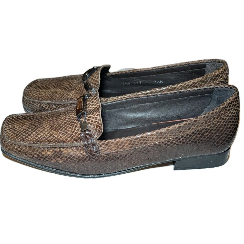Stuart Weitzman Brown Snakeskin Jeweled Front Slip On Loafers Shoes Size 7.5W